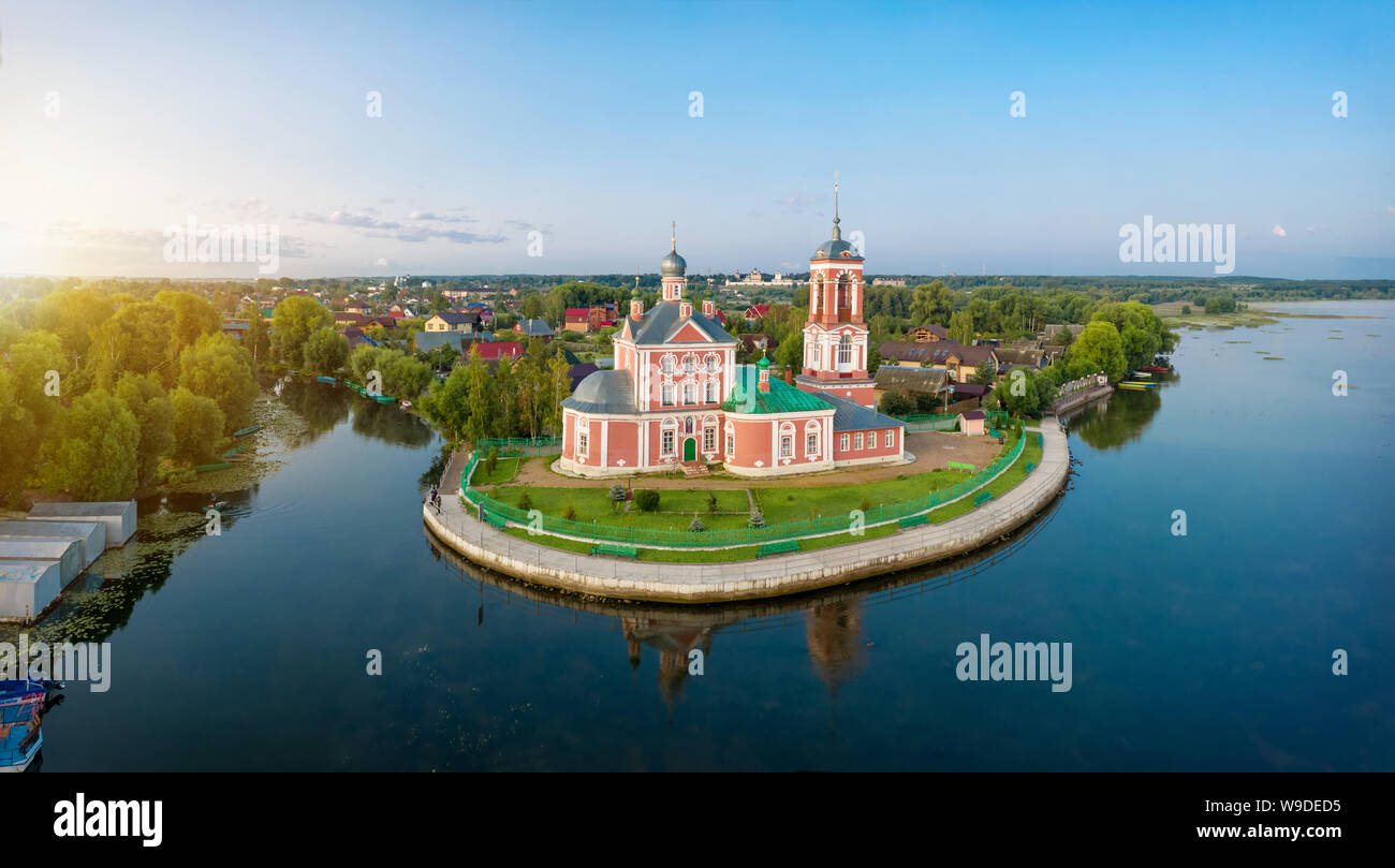 Aerial view of Church of the Forty Martyrs of Sebaste on the side of Pleshcheevo lake in Pereslavl-Zalessky, Yaroslavskaya oblast, Russia Stock Photo