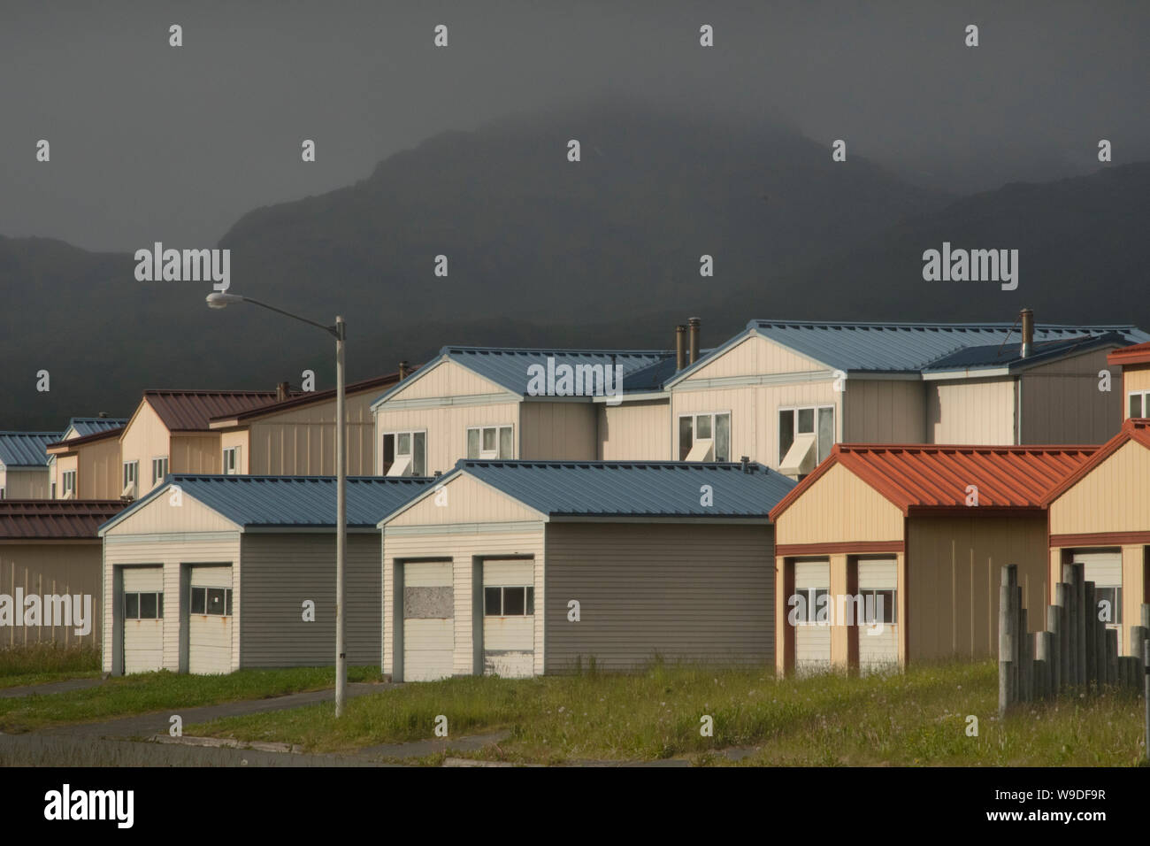 Abandoned houses from navy base, Adak Island, Aleutian Islands, Alaska Stock Photo