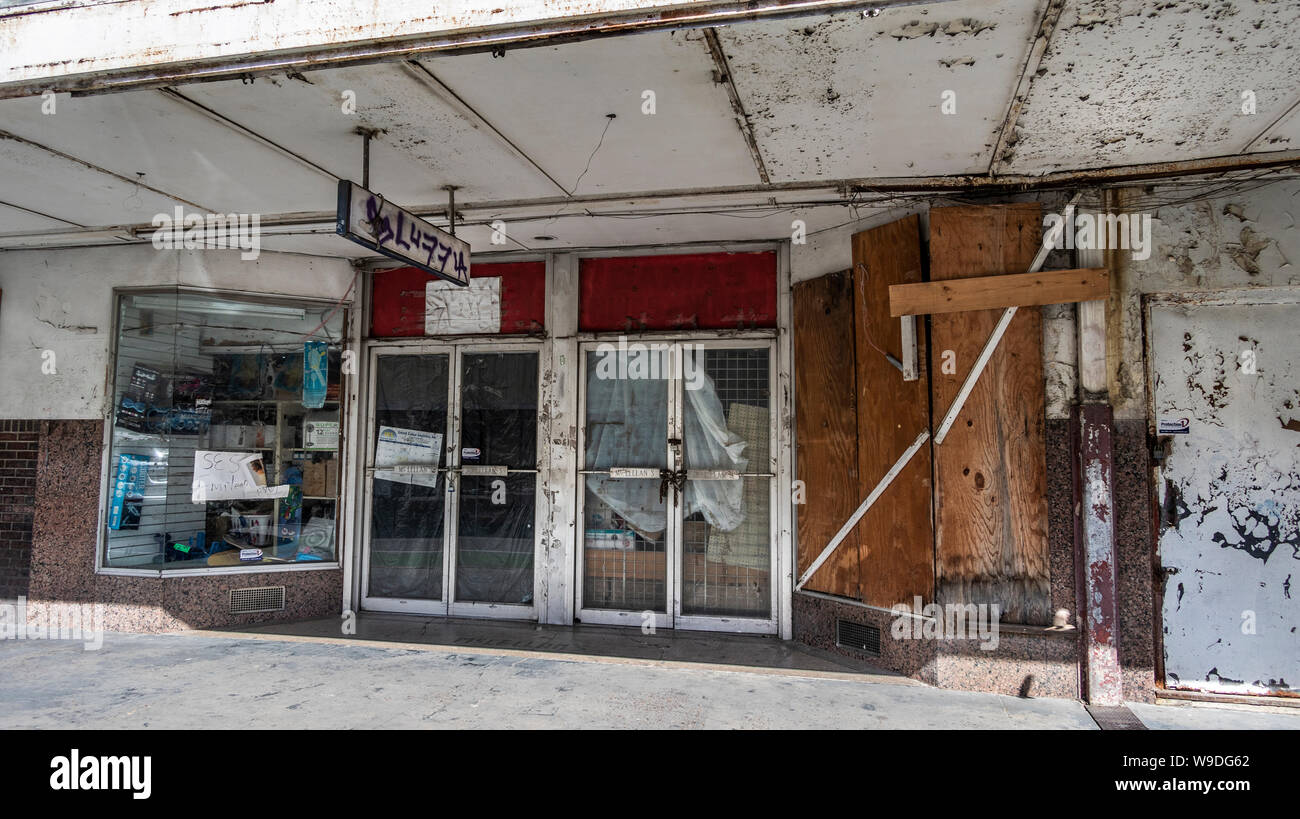 Boarded up store, downtown Laredo, Texas, USA Stock Photo
