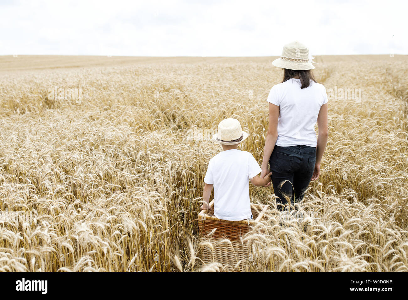 Happy brother and sister having fun on the field with wheat Stock Photo ...