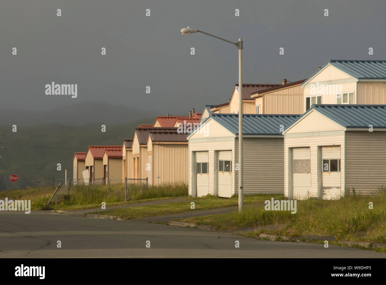 Abandoned houses from navy base, Adak Island, Aleutian Islands, Alaska Stock Photo
