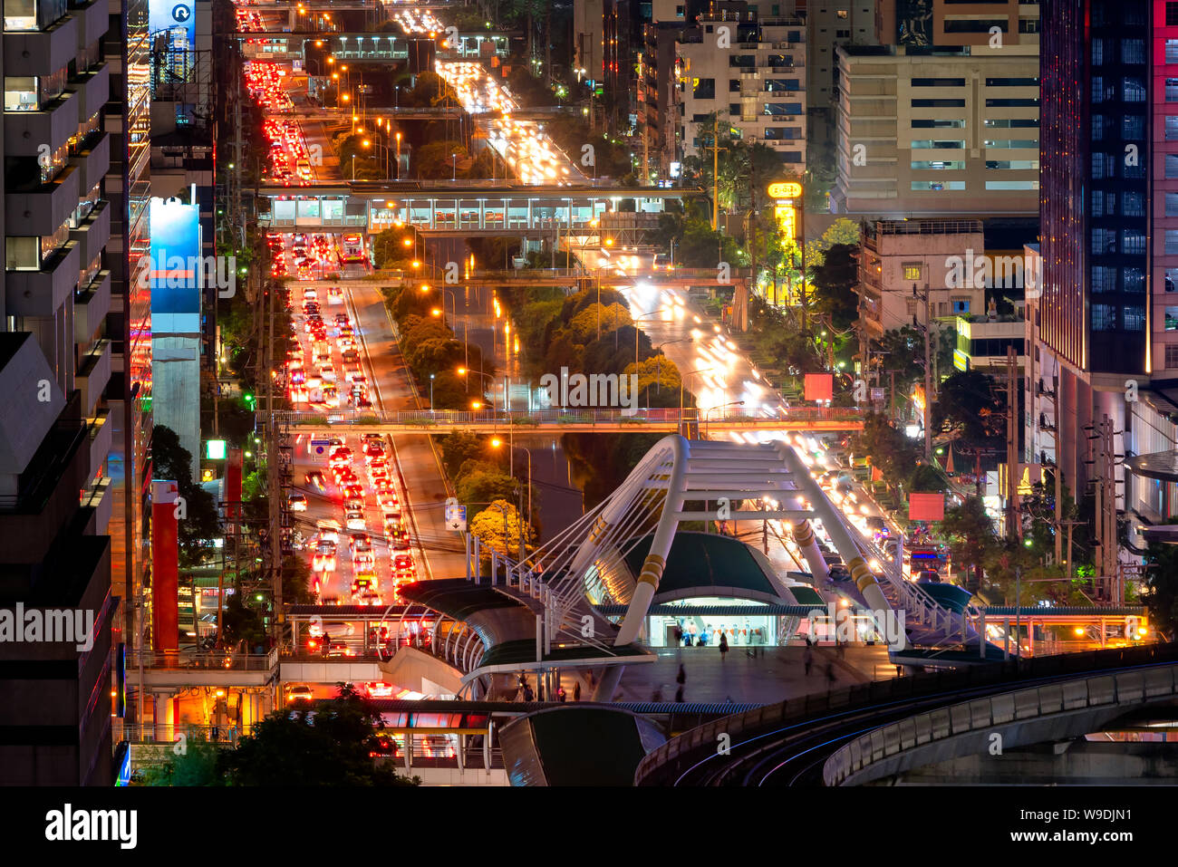 Traffic in business area during rush hour at Bangkok,Thailand Stock Photo