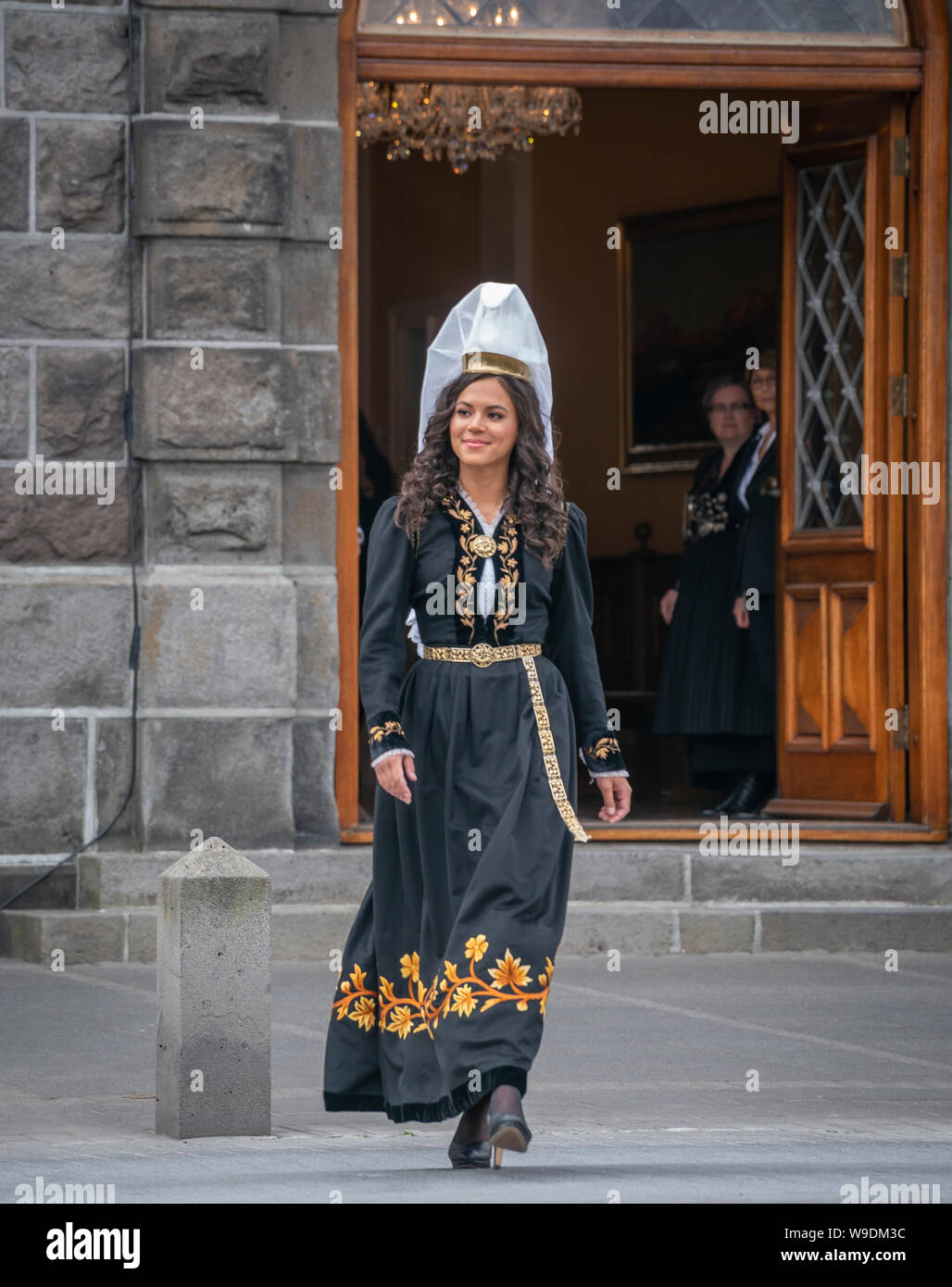 Fjallkonan- 'Lady of the Mountain' dressed in Iceland's national costume, Independence day, June 17th, Reykjavik, Iceland. Stock Photo