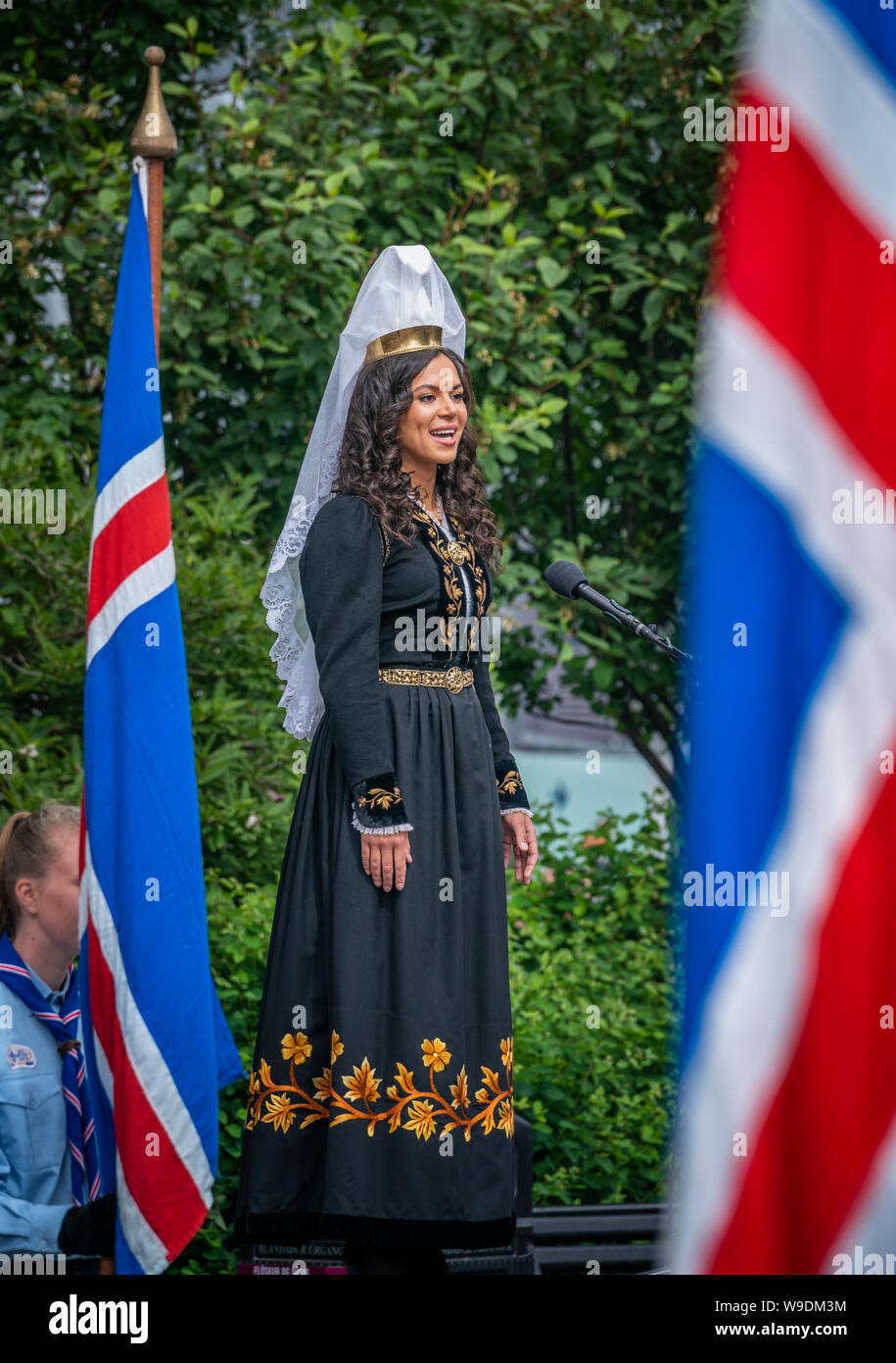 Fjallkonan- "Lady of the Mountain" dressed in Iceland's national costume, Independence day, June 17th, Reykjavik, Iceland. Stock Photo