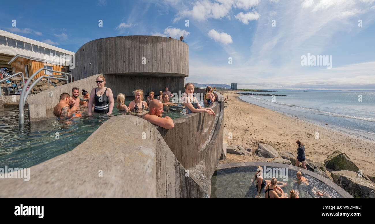 Gudlaug hot tubs, located at Langasandur Beach, Akranes, Iceland Stock Photo