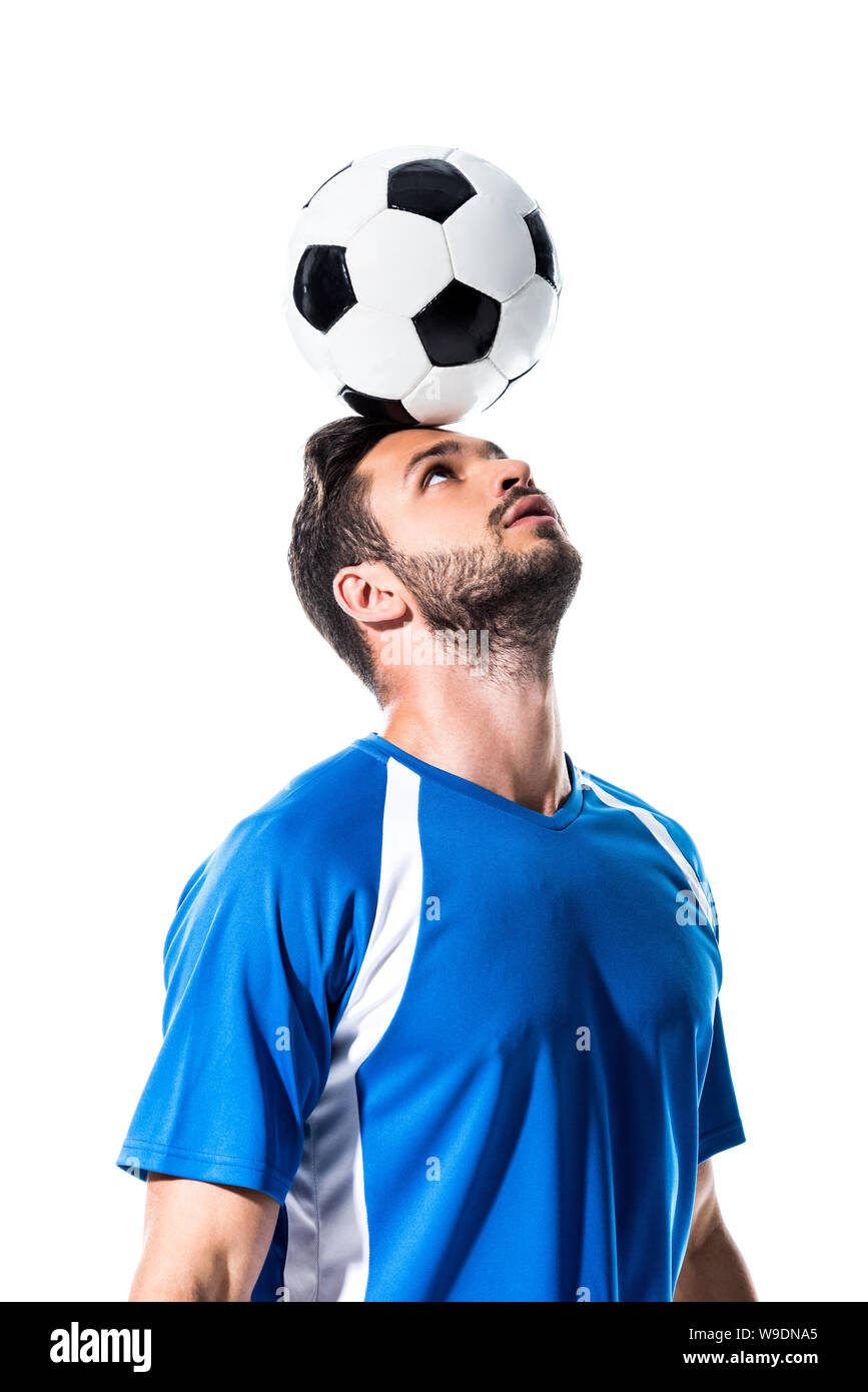 handsome soccer player with ball on head Isolated On White Stock Photo Alamy