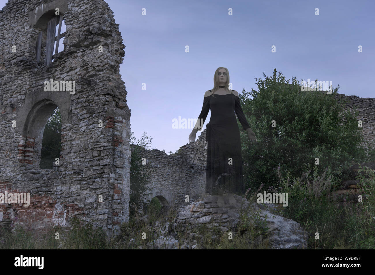 ghost in ruins - a translucent slightly blurred girl in black dress in ...