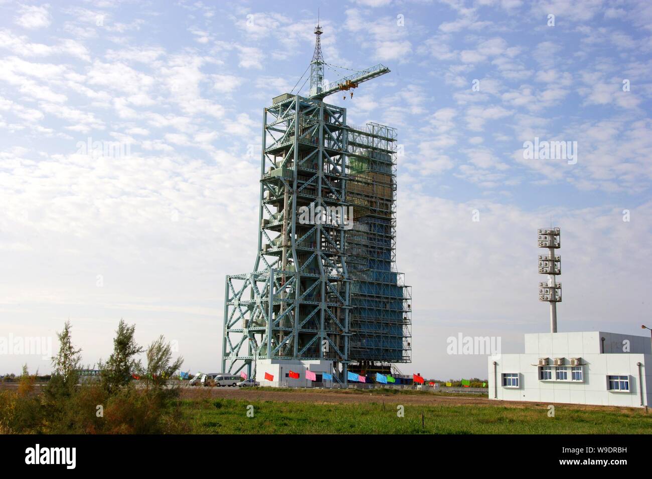 View of the space rocket launch pad during the last joint testing for the Shenzhou VII manned spaceflight mission at Jiuquan Satellite Launch Center i Stock Photo