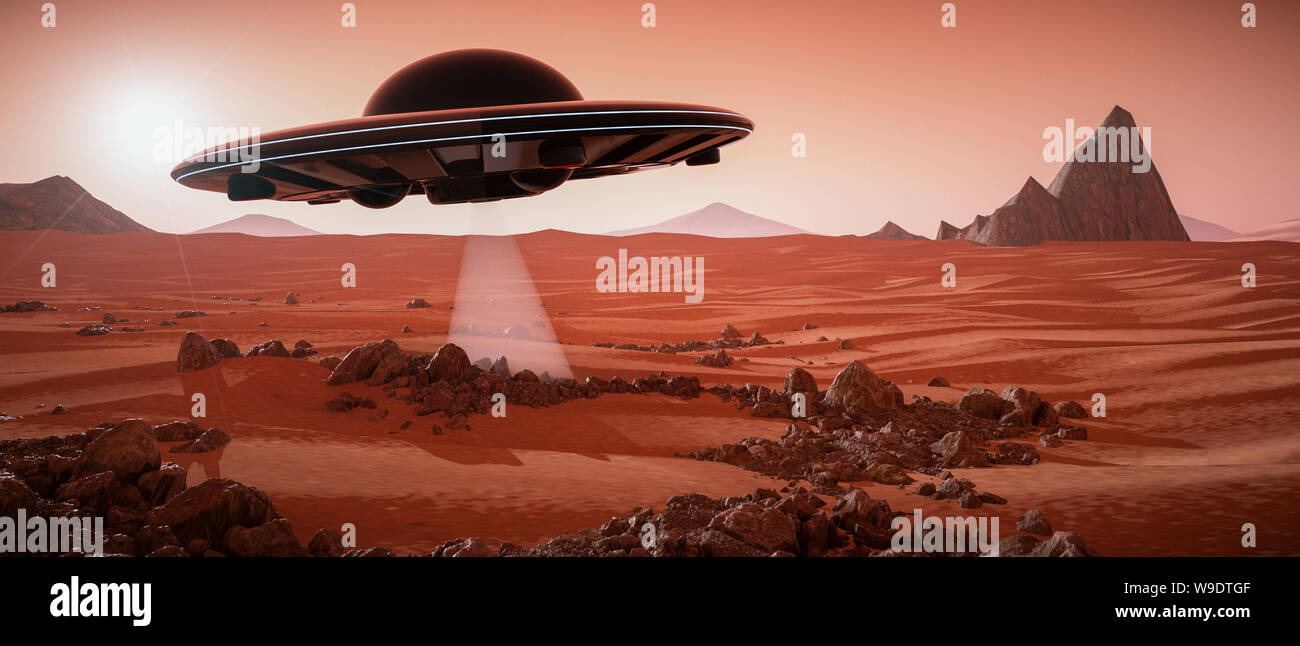 an ufo hovers over the mars landscape(3d rendering) Stock Photo