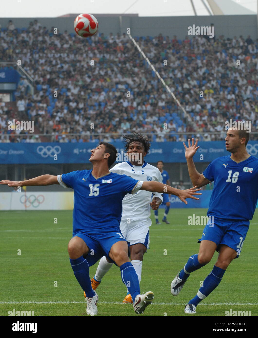 Salvatore BOCCHETTI of Italy looks at the ball at a Group D soccer match of the Olympic Mens Soccer preliminary against Honduras at the Qinhuangdao Ol Stock Photo