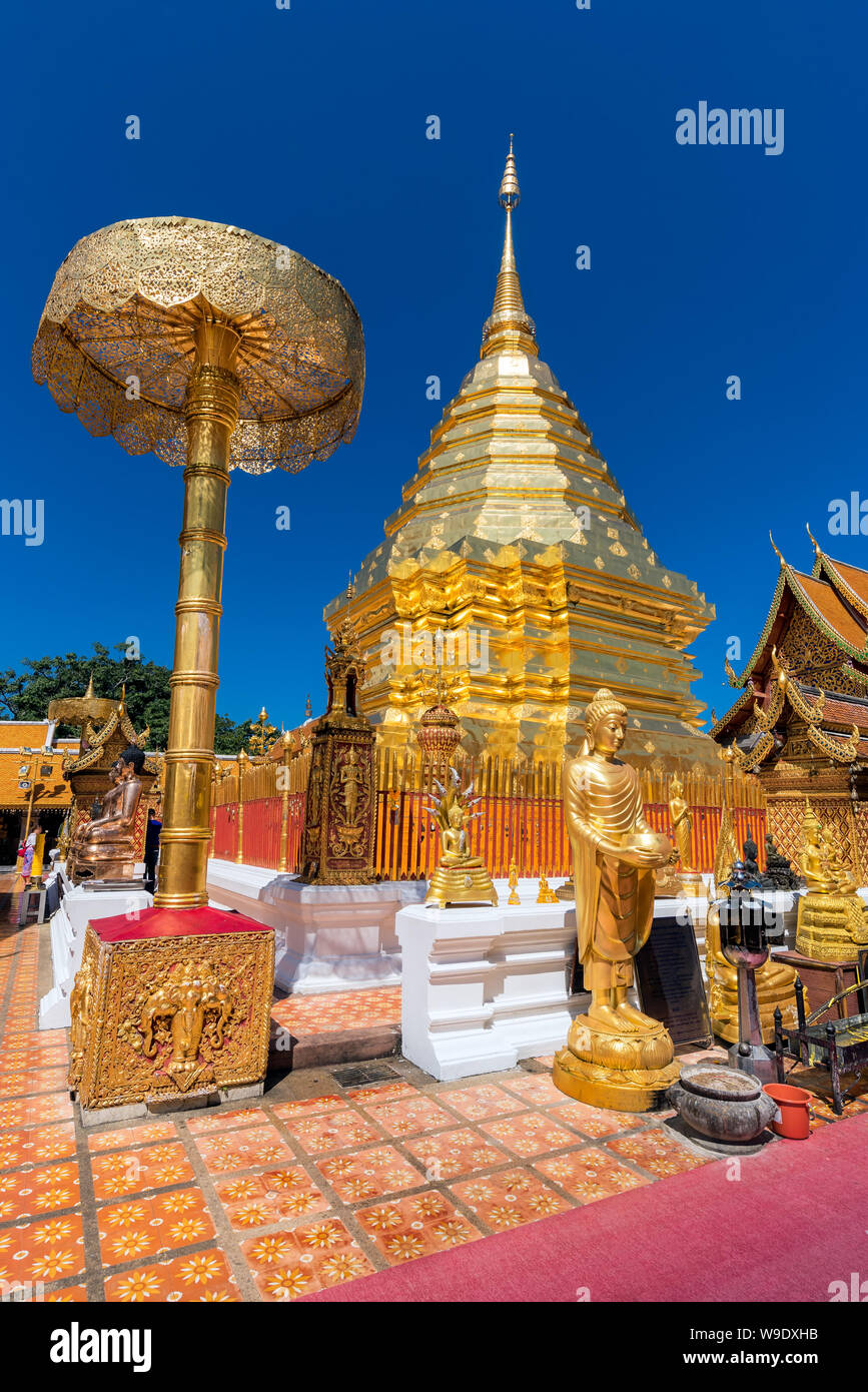 Wat Phra That Doi Suthep with blue sky in Chiang Mai. The attractive sightseeing place for tourists and landmark of Chiang Mai,Thailand Stock Photo