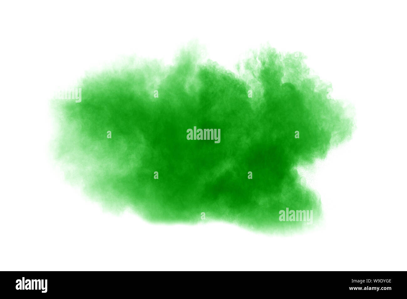 Green dust particles explosion on white background. Color powder dust