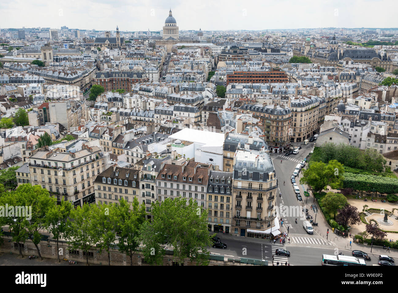 Aerial view looking south across Latin Quarter from viewing platform on South Tower of Notre-Dame Cathedral, Ile de la Cité, Paris, France Stock Photo