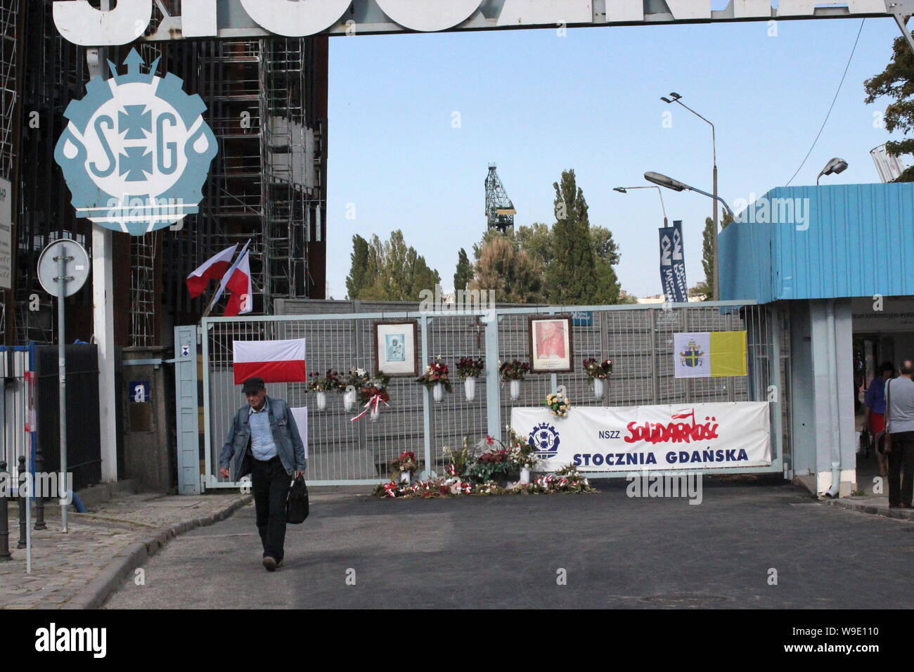 Historical entrance sign to Gdansk shipyard in Poland. The shipyard is known for Solidarity, the legendary trade union movement during 1980´s. It is considered to have contributed greatly to the Fall of Communism. Stock Photo