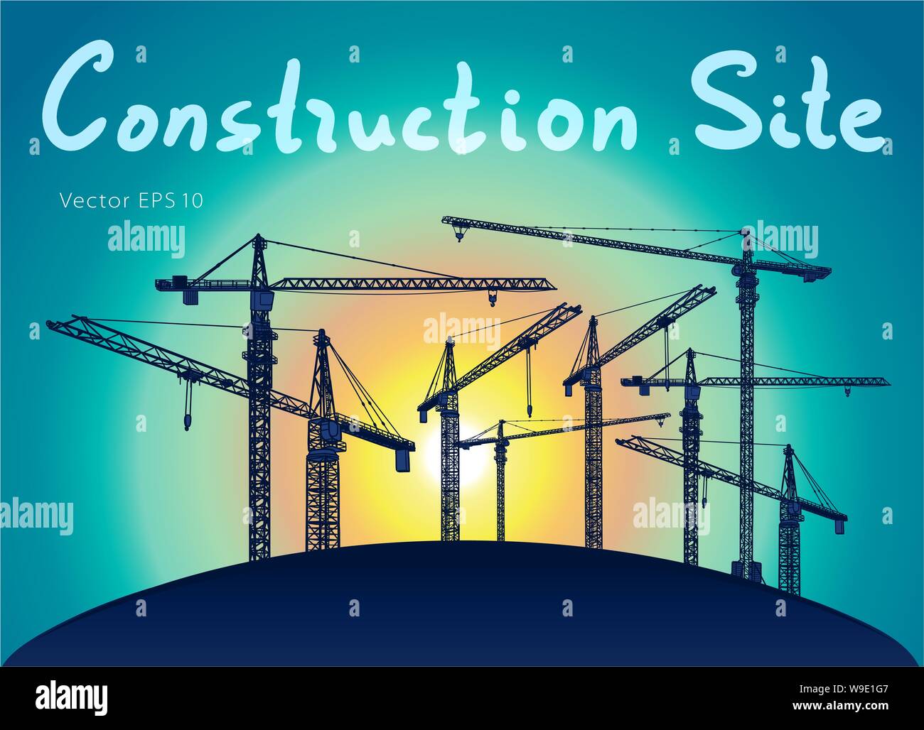 Construction site tower cranes. Vector freehand draw Stock Vector