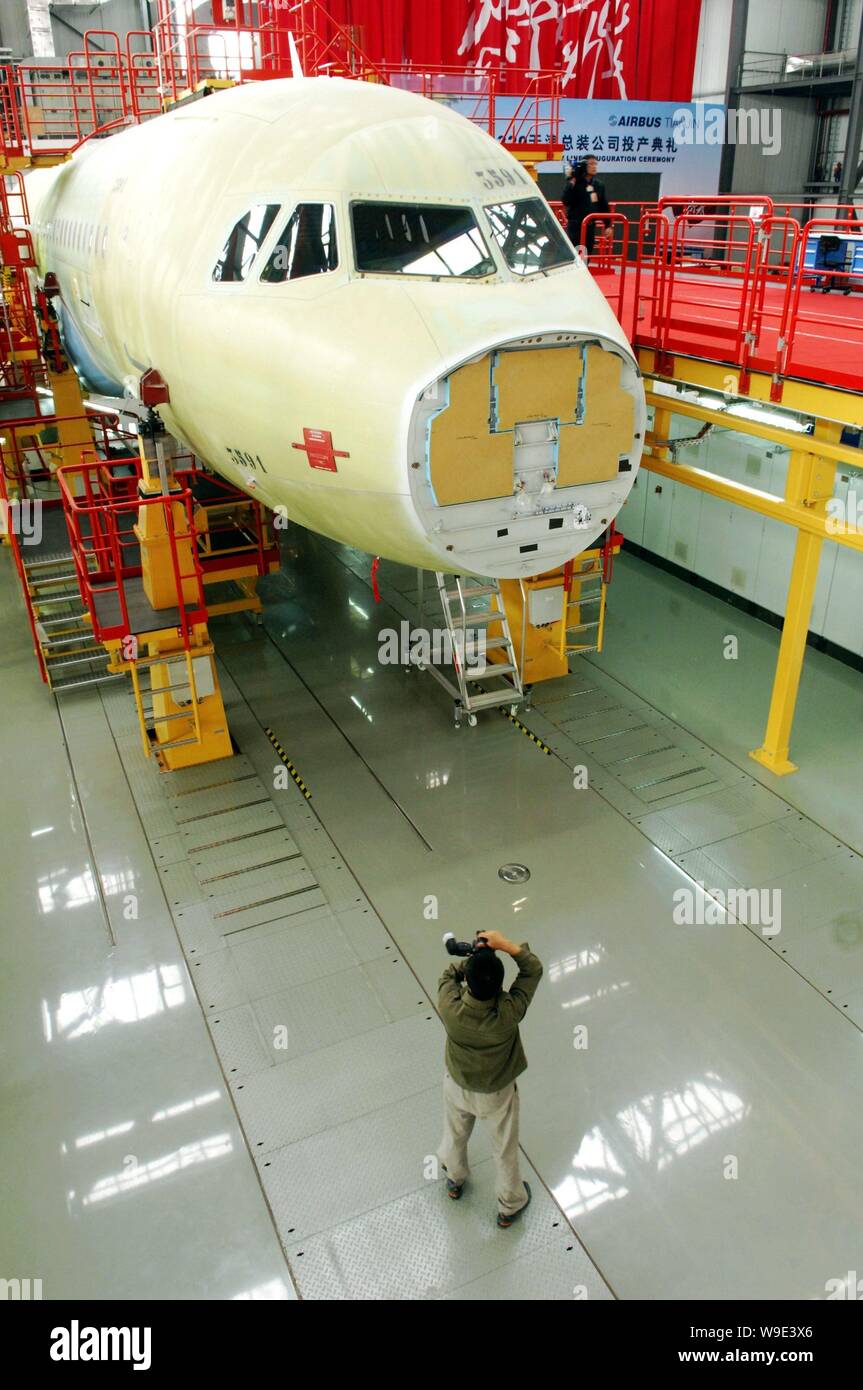 View of the shell of an Airbus A320 plane in the assembly plant of ...