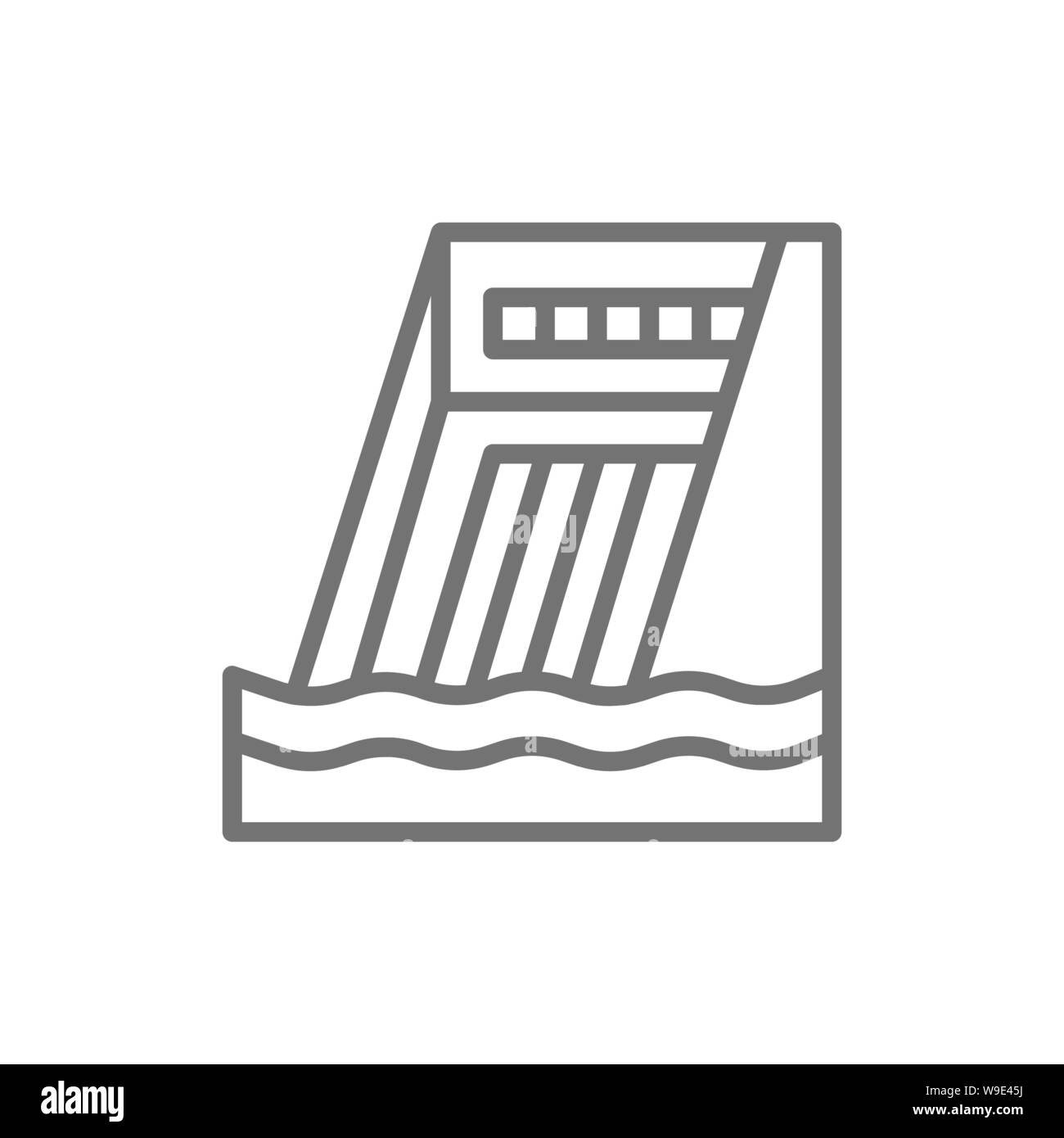 Water dam, hydro power plant, hydroelectric station line icon. Stock Vector