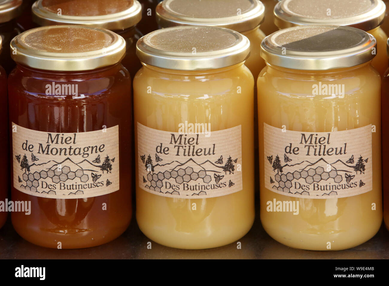 Pots de miel. / Pots of honey. Stock Photo