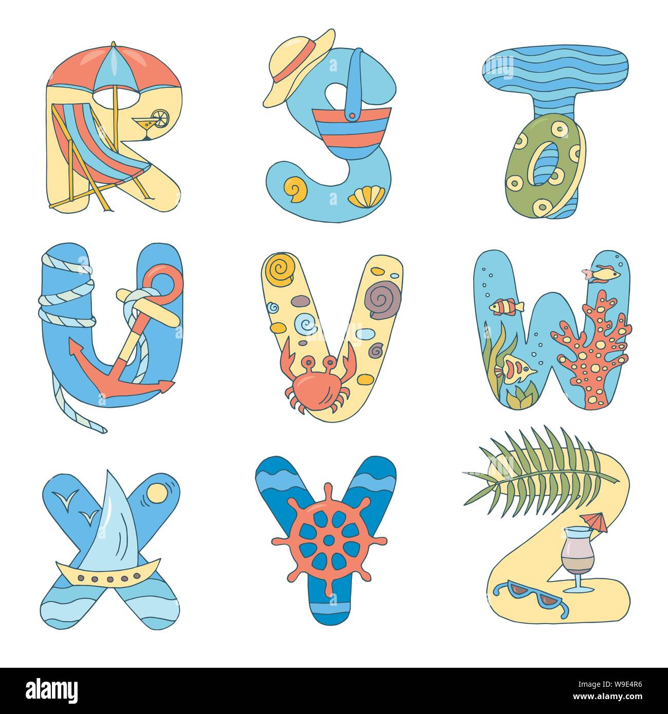 Bright English Alphabet From R To Z On The Theme Of Rest On The Sea Summer Holidays On A White Background Stock Vector Image Art Alamy