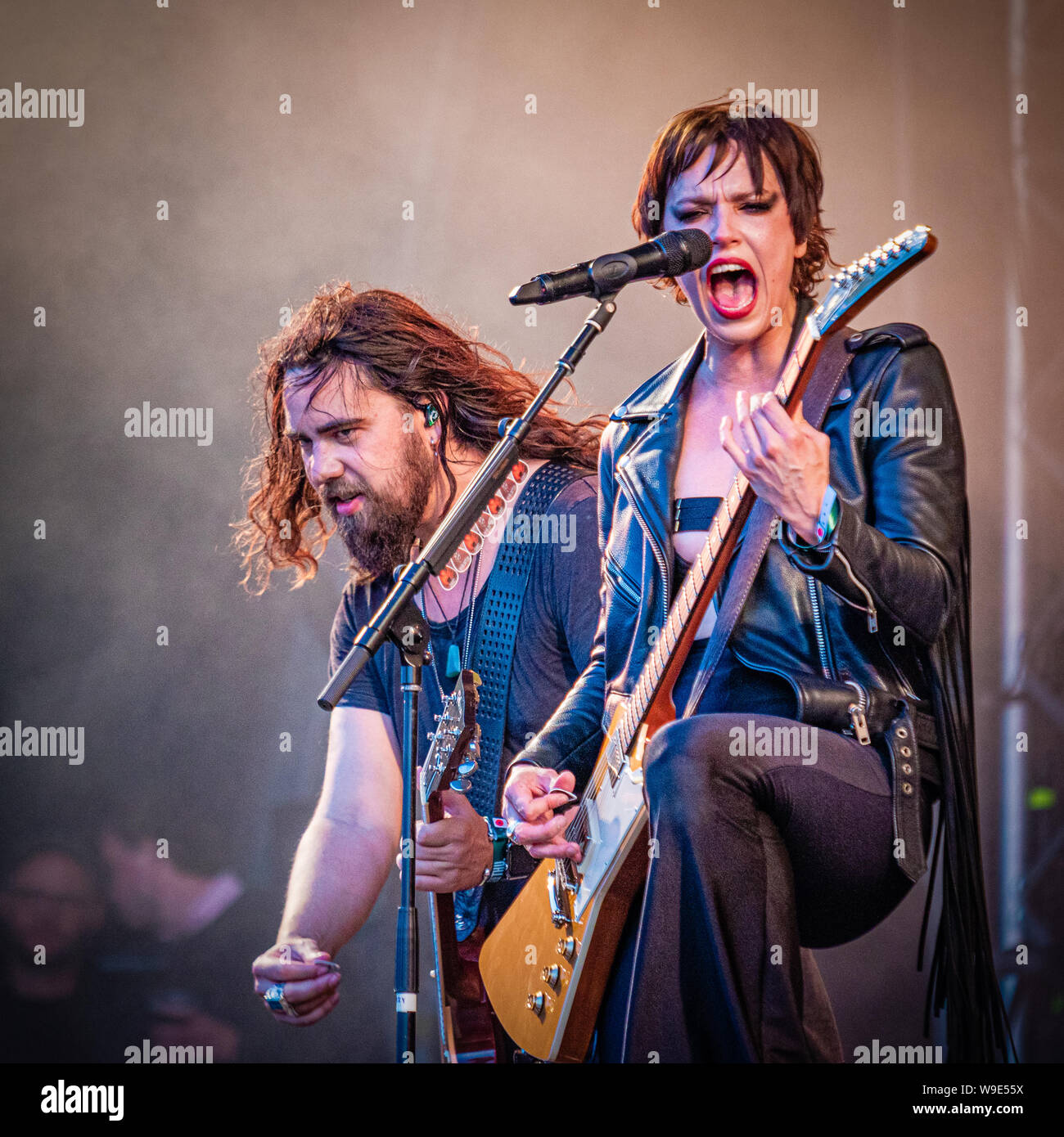 Halestorm performing on stage at the 2019 Copenhell Festival in Copenhagen. Here Lzzy Hale on vocals and guitar Stock Photo