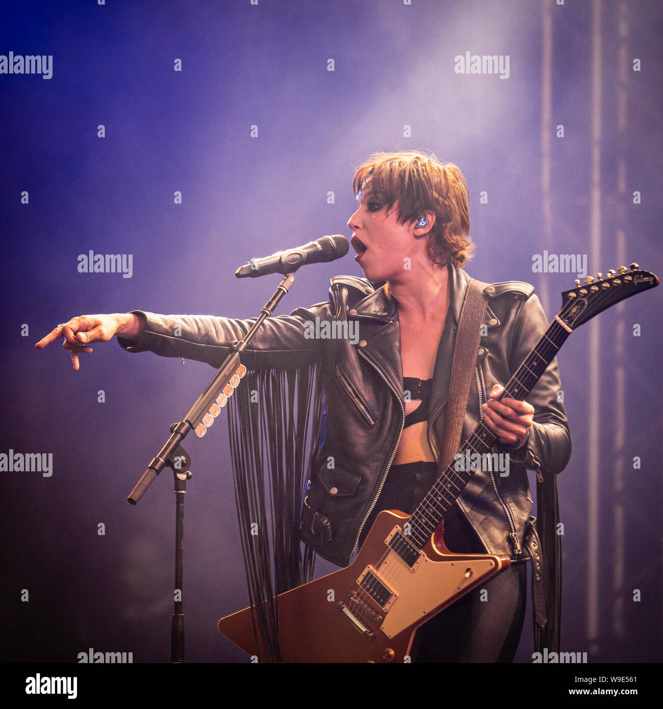 Halestorm performing on stage at the 2019 Copenhell Festival in Copenhagen. Here Lzzy Hale on vocals and guitar Stock Photo