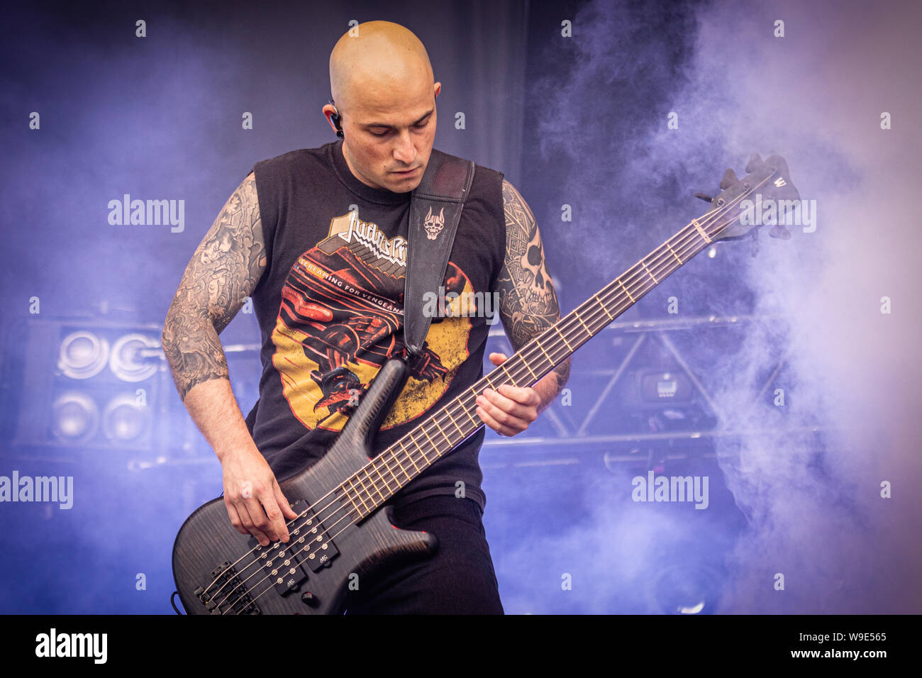 Trivium on stage at the 2019 Copenhell festival in Copenhagen, Denmark. Here bassist Paolo Gregoletto Stock Photo