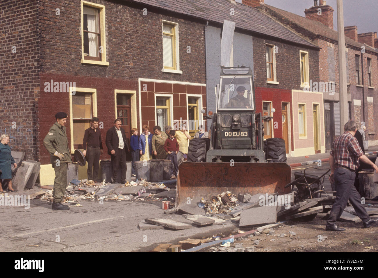 File photo dated August 1969 of an Army bulldozer clearing debris in Argyle Street, Belfast as British troops were deployed onto the streets of Northern Ireland as part of Operation Banner in response to growing sectarian unrest. Stock Photo