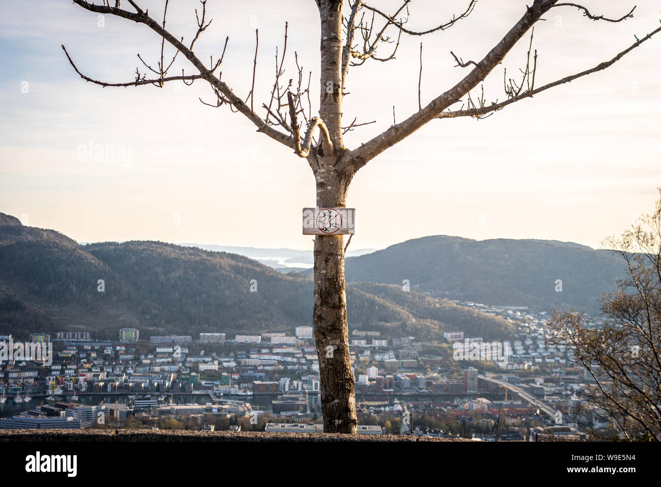 'No flying broomsticks allowed' comical sign post on Fløyen mountain Bergen, with a view of the city at dusk behind. Stock Photo