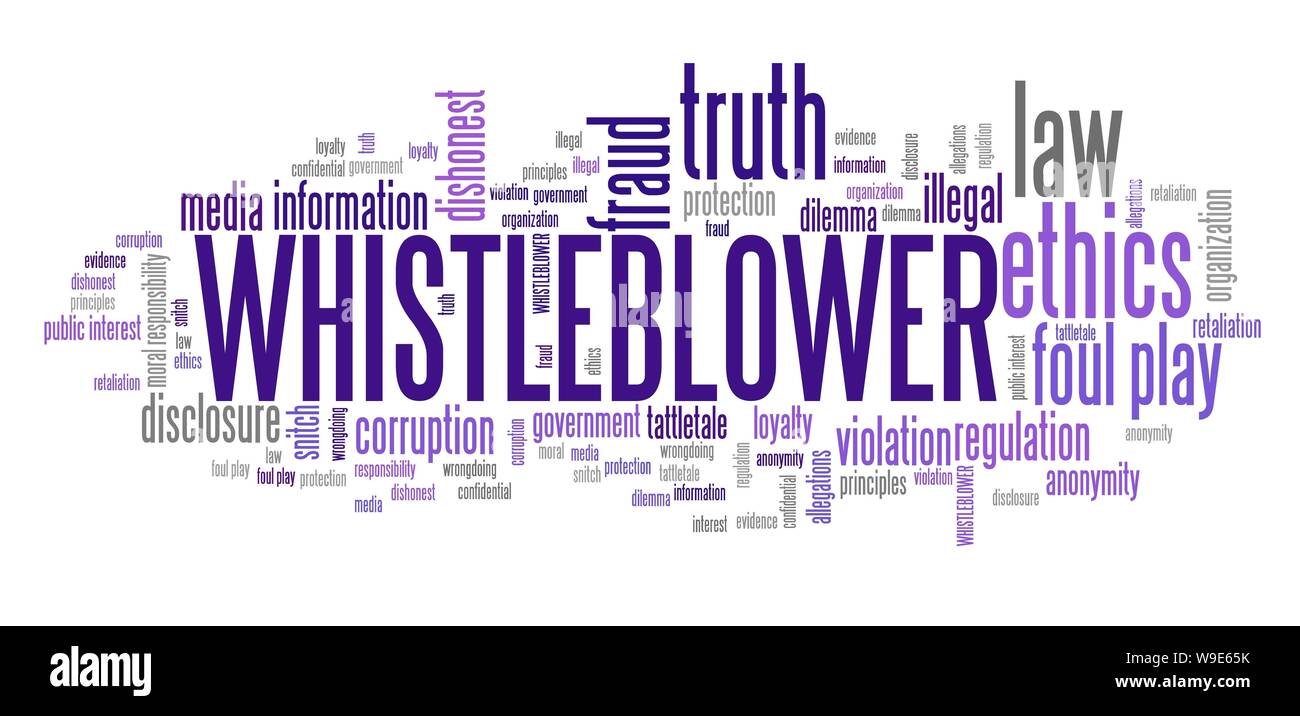 Whistleblower - company law violation. Moral responsibility concept word cloud. Stock Photo