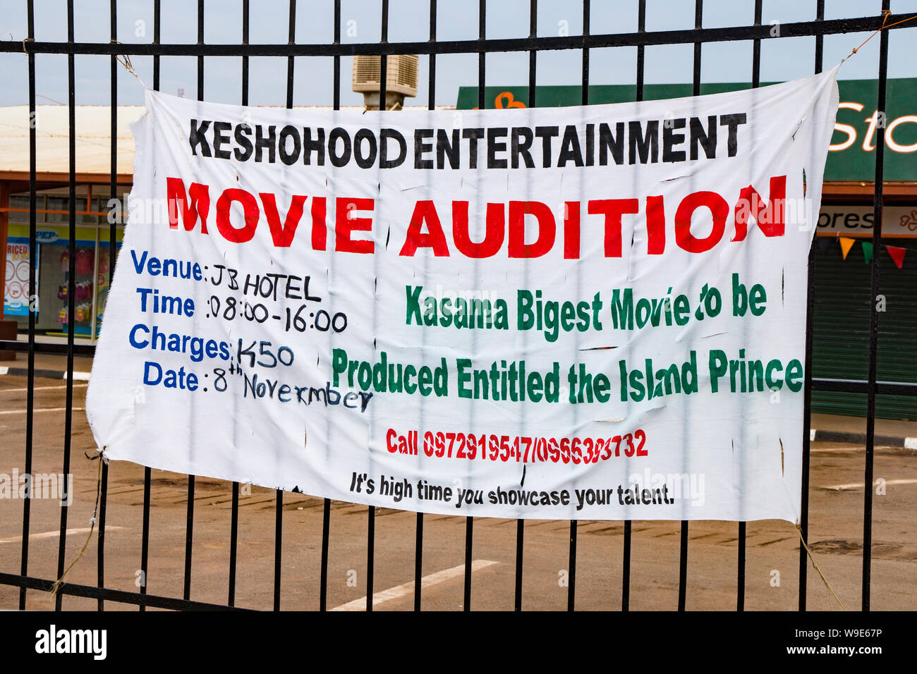 Poster for movie audition on railings in Kasama, Zambia Stock Photo