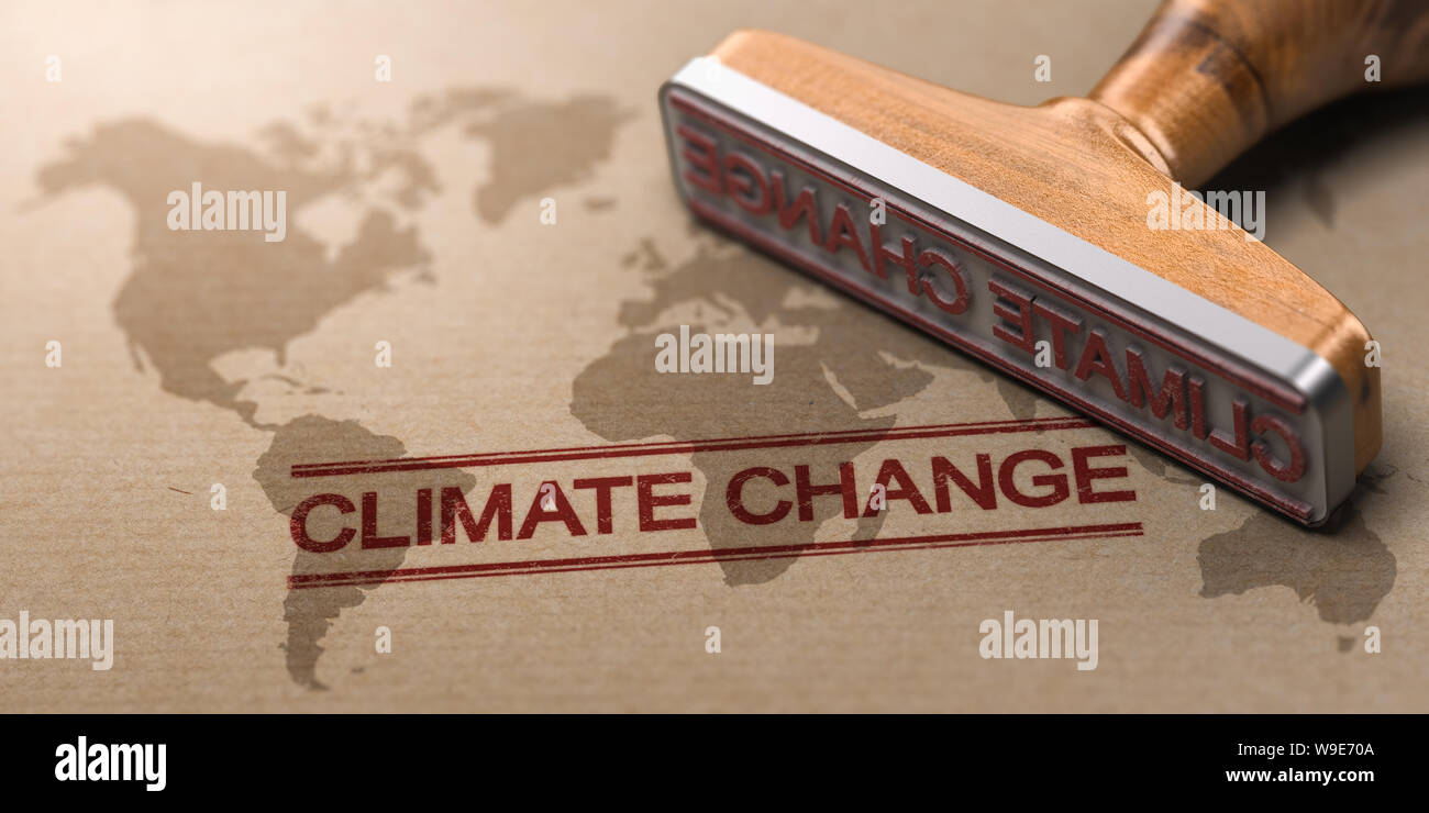 3D illustration of a rubber stamp over paper background with a world map watermark printed and the text climate change. Concept of global warming. Stock Photo