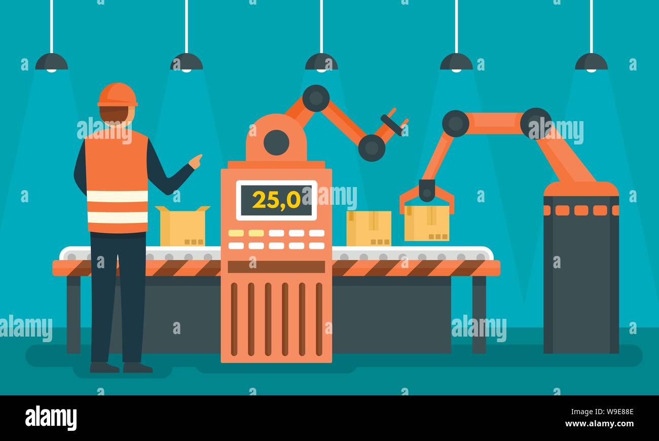 Factory assembly line concept background. Flat illustration of factory ...