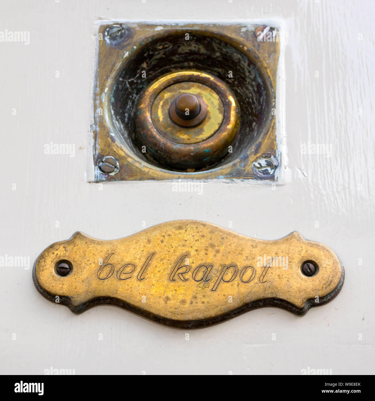 Leiden, Holland - July 05, 2019: Traditional old copper doorbell with the sign bell does not work Stock Photo