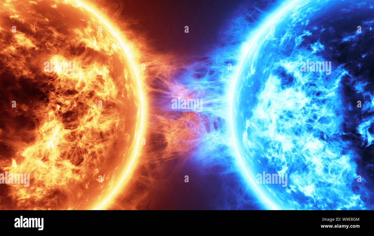 Realistic 3d illustration Fire Planet Vs Frozen Planet. Sun surface with solar flares against Frozen planet isolated on black. Highly realistic sun Stock Photo