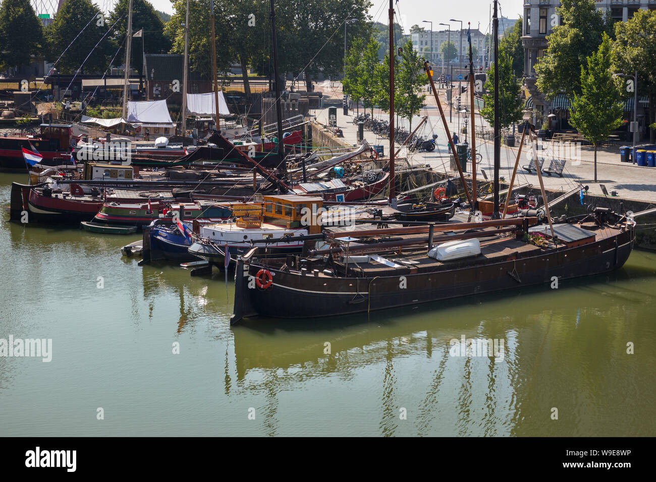 Rotterdam, Holland - July 30, 2019: Historical ships in the Oude Haven, Old Port, part of the Maritime District Stock Photo