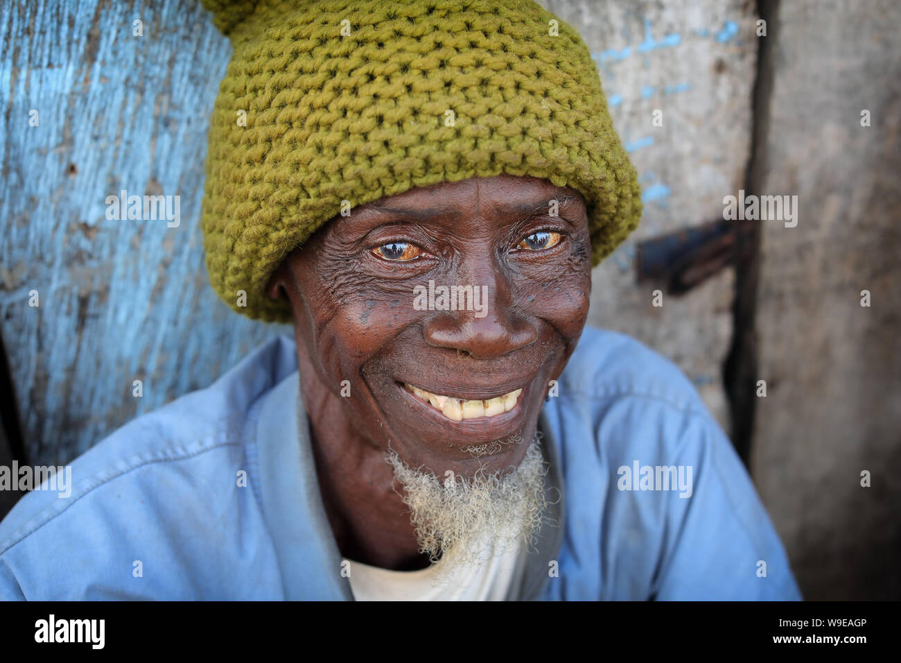 Happy old fisherman of the Ga people in the fishing village Jamestown in Accra, Ghana Stock Photo