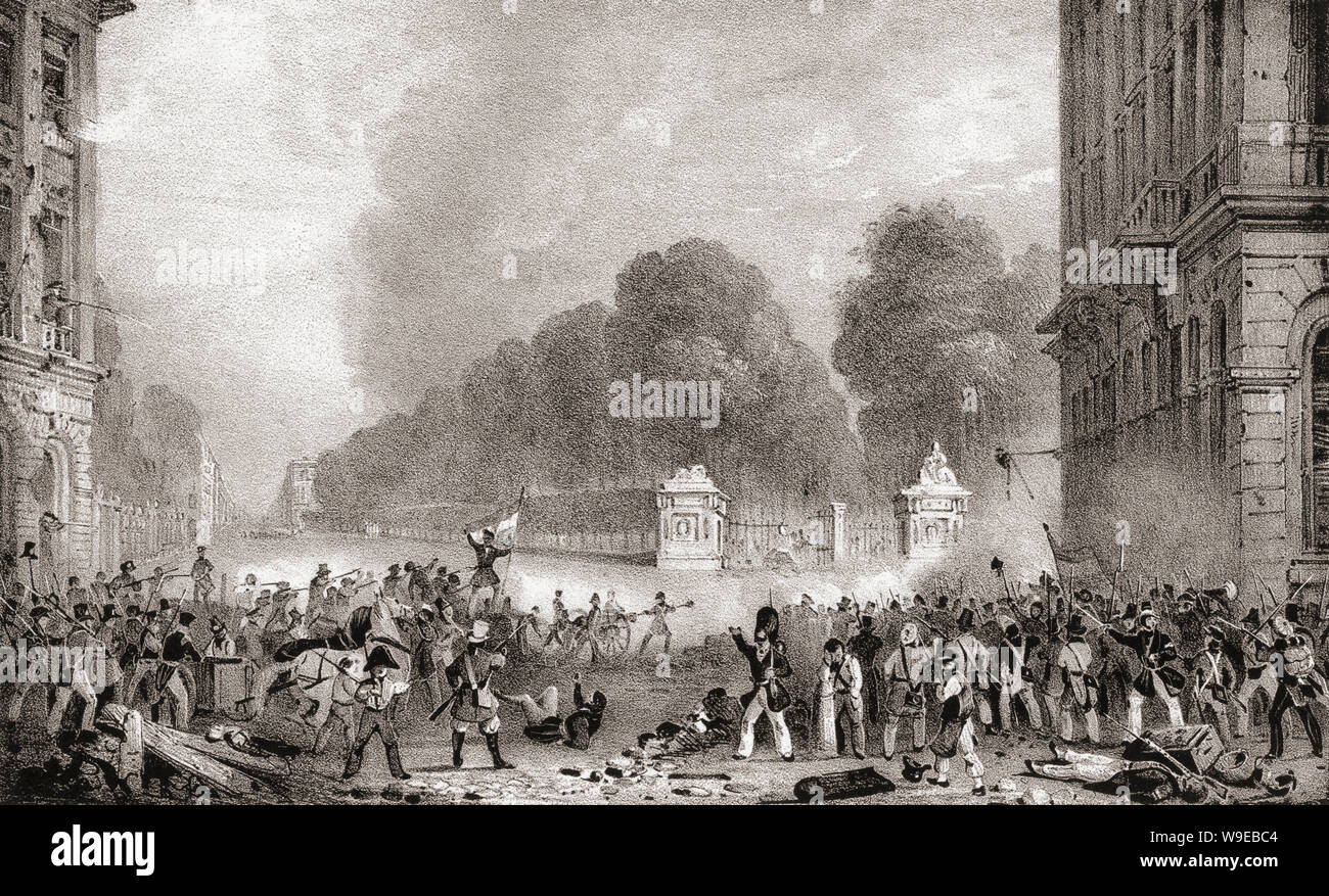 An incident on a barricade in the Place Royale facing the Parc de Bruxelles during the Belgian Revolution of 1830-1831.  Belgian rebels facing Dutch forces. Stock Photo