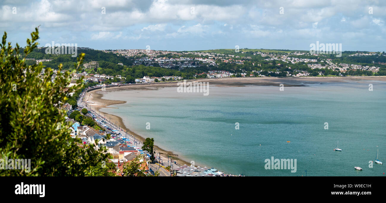 Swansea Bay viewed from above Knab Rock, looking towards Oystermouth Castle and Mumbles. Swansea, Wales, UK. Stock Photo