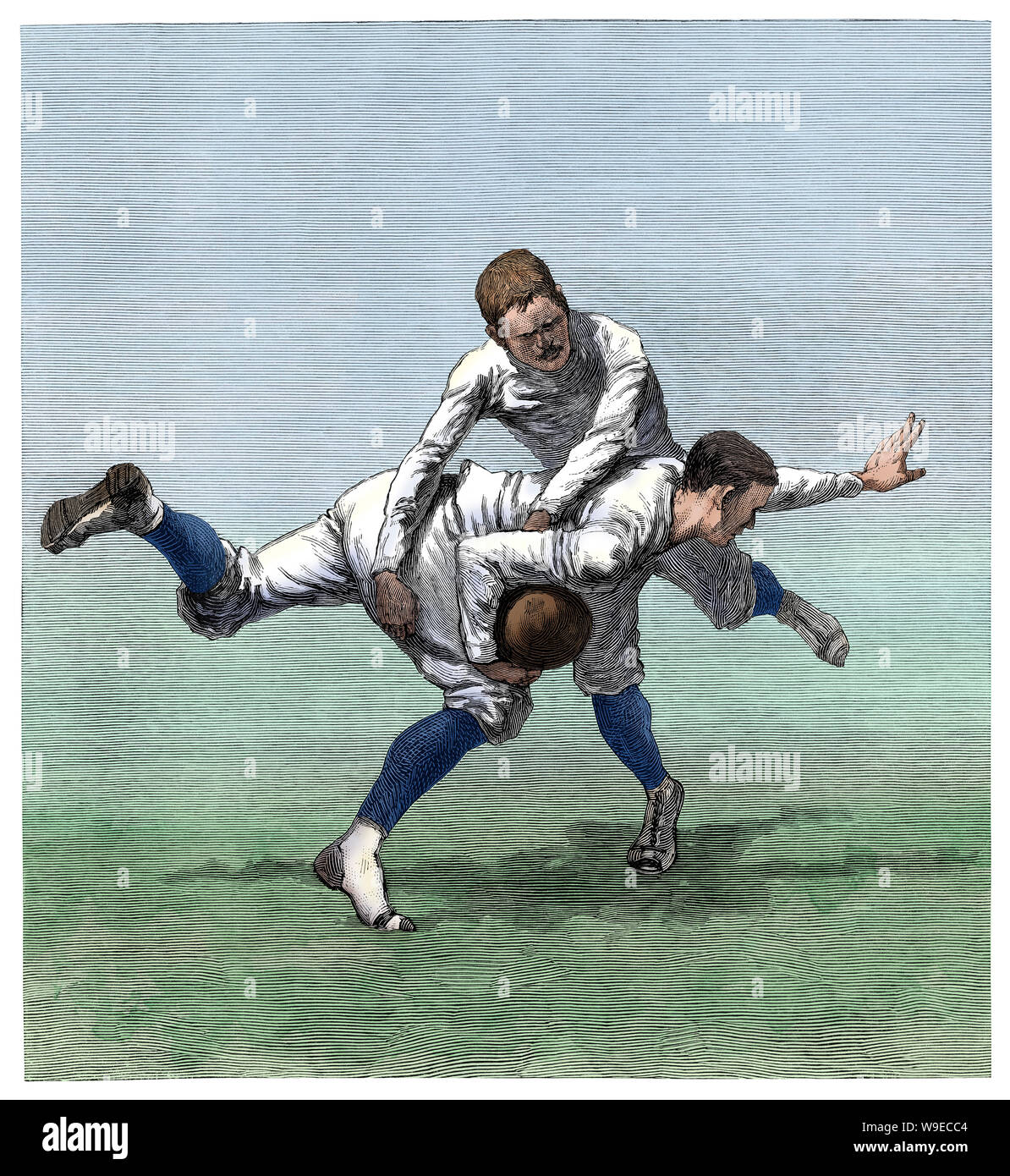 A low runner: Yale football practice game, 1880s. Digitally colored woodcut Stock Photo