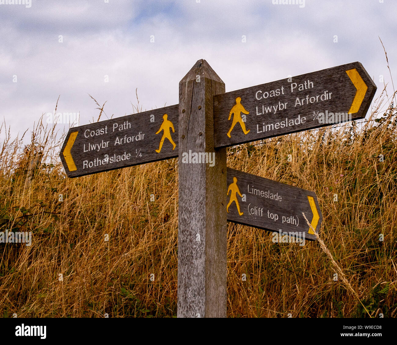 Coastal footpath signpost on the coastal path between Rotherslade and Limeslade Bay on Gower, Wales, UK Stock Photo
