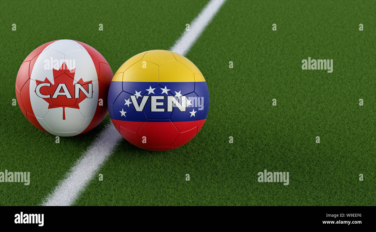 Canada vs. Venezuela Soccer Match - Soccer balls in Canadas and Venezuelas national colors on a soccer field. Copy space on the right side - 3D Render Stock Photo