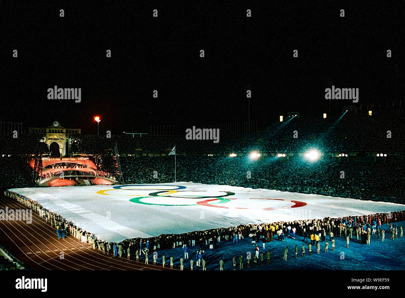 Olympic flag during the opening ceremonies at the 1992 Olympic Summer Games. Stock Photo