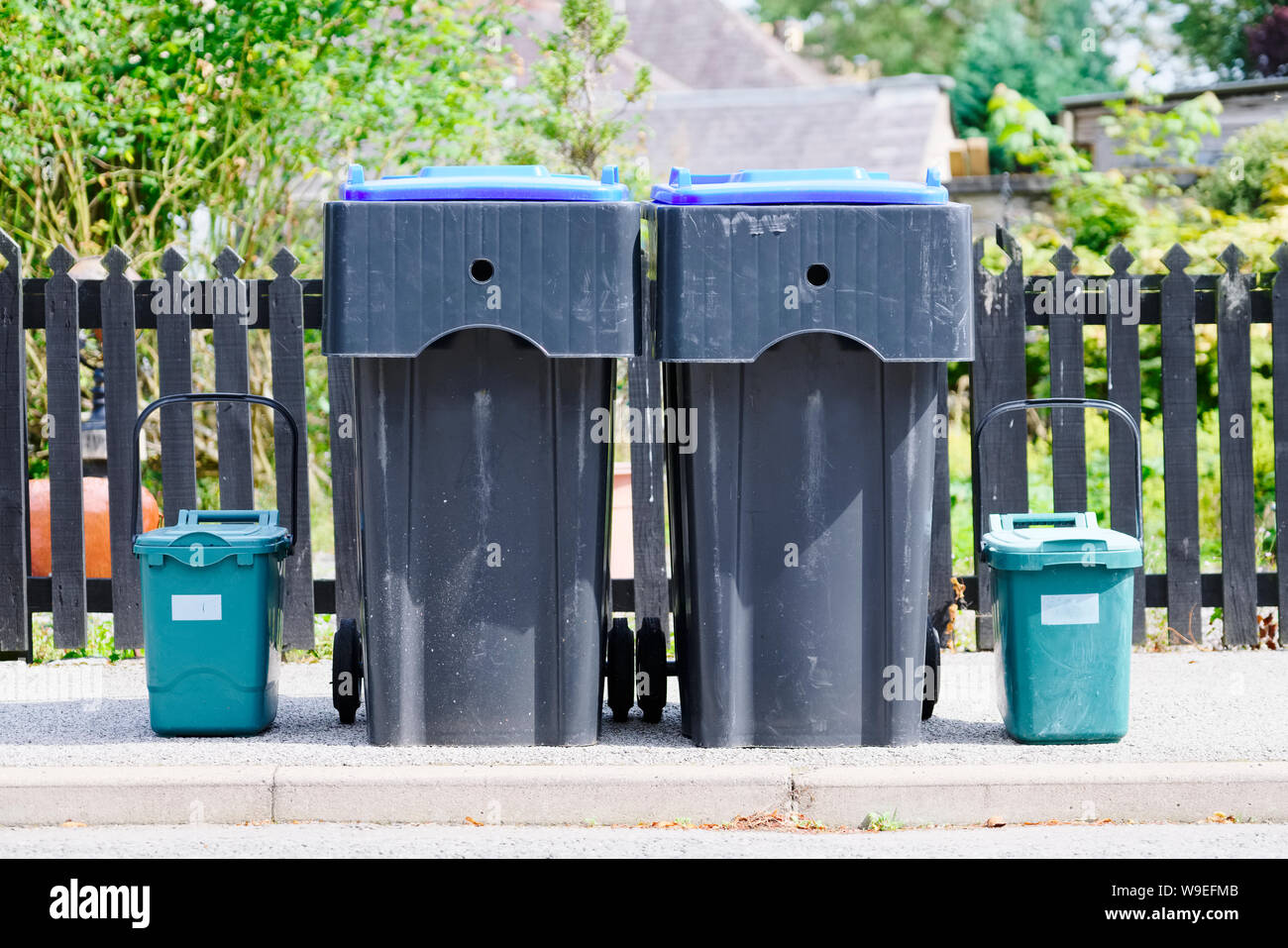 Green food bins and black wheelie bins in tidy row outside house and