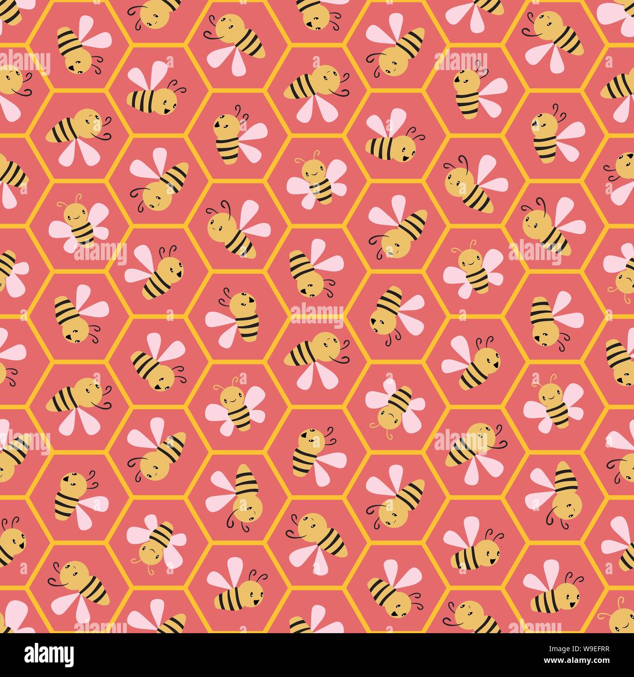 Cute cartoon honey bees in honeycomb cells. Seamless geometric vector ...