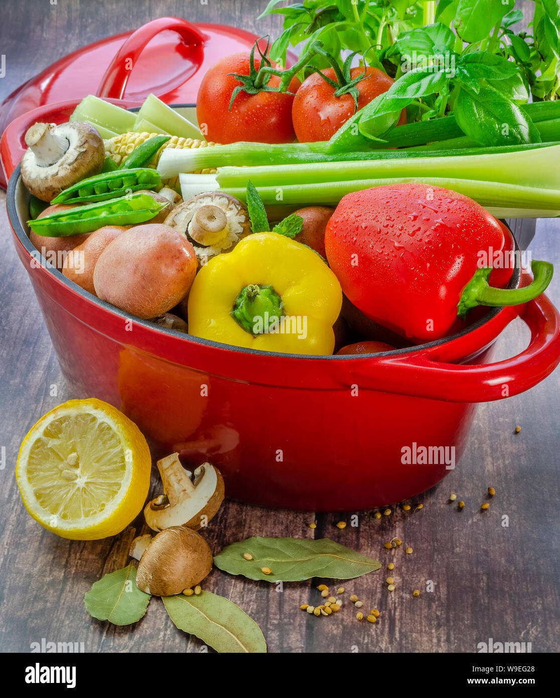 A stewing pot showing the basic ingredients for the preparation of a