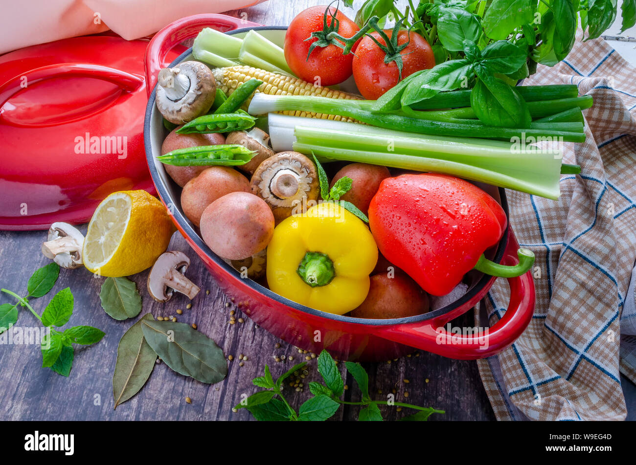 A stewing pot showing the basic ingredients for the preparation of a