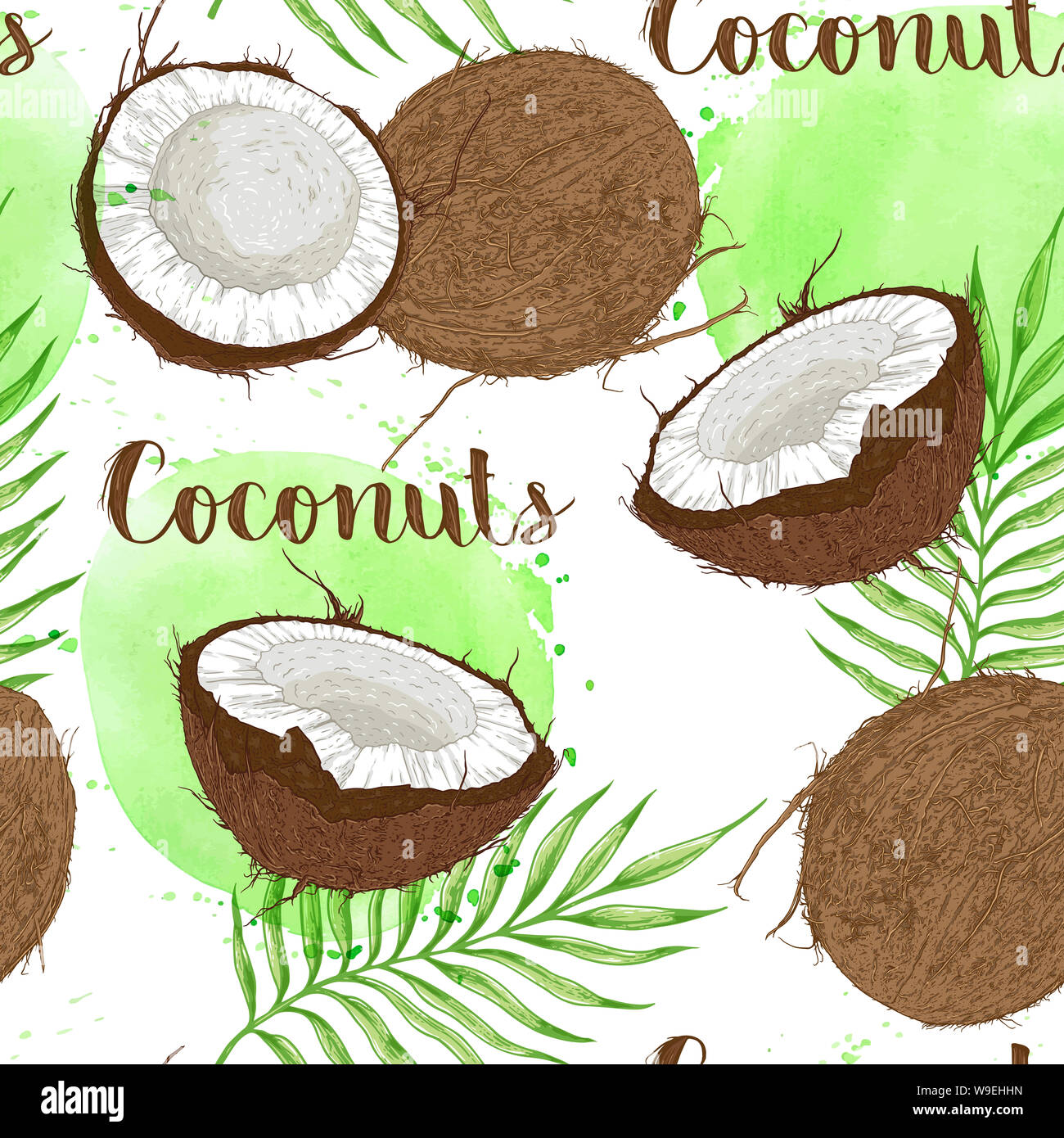 Seamless pattern with coconuts, palm leaves and green watercolor blots ...