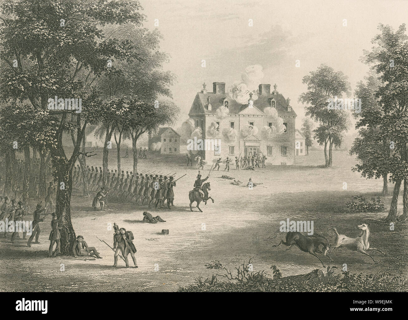 Antique 1873 steel engraving, American forces lay siege to the Chew house during the Battle of Germantown. Drawn by A. Koellner; engraved by Rawdon Wright & Hatch. The Battle of Germantown was a major engagement in the Philadelphia campaign of the American Revolutionary War. SOURCE: ORIGINAL ENGRAVING Stock Photo