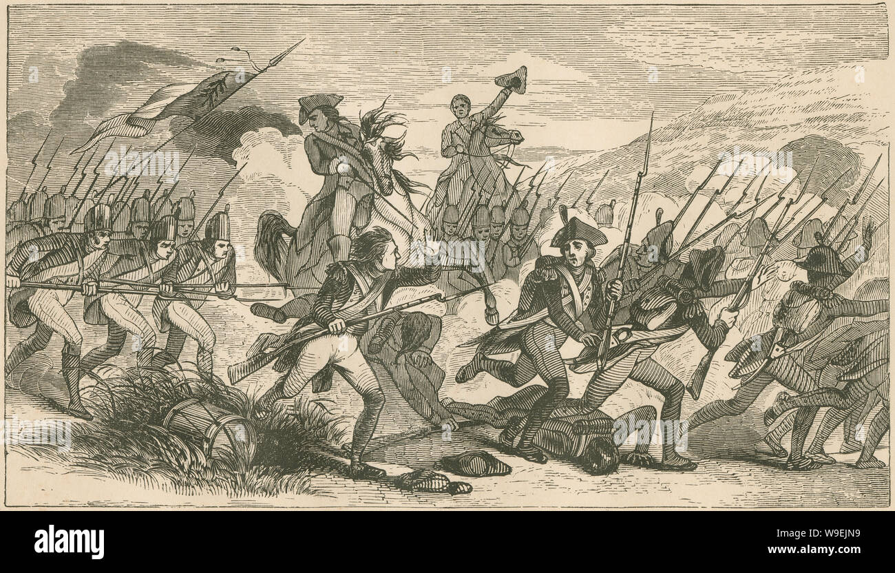Antique 1873 engraving, the Battle of Monmouth. The Battle of Monmouth was fought near Monmouth Court House on June 28, 1778, during the American Revolutionary War. SOURCE: ORIGINAL ENGRAVING Stock Photo