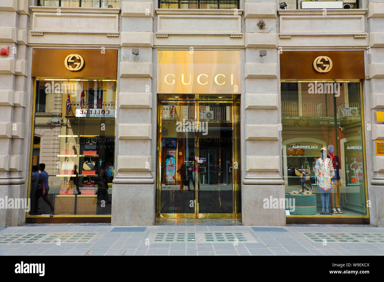 BARI, ITALY - JULY 30, 2019: Gucci boutique. Gucci is an Italian luxury brand of fashion and leather goods, founded by Guccio Gucci in Florence in 192 Stock Photo